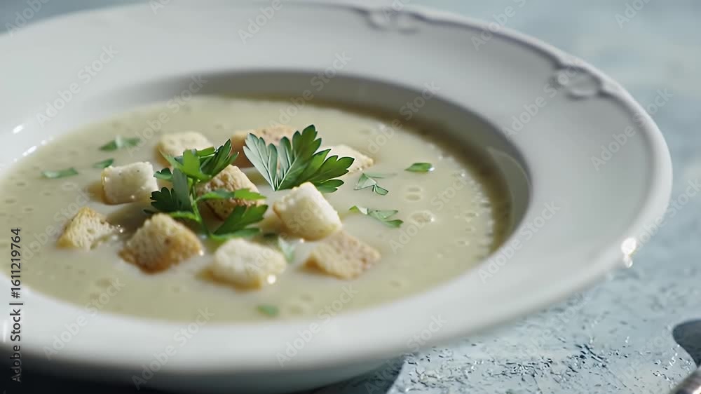 Creamy Soup with Croutons and Parsley in White Bowl with Silver Spoon on Textured Blue and White Background Creamy Soup with Croutons and Parsley in White Bowl with Silver Spoon on Textured Blue and White Background