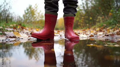 Red Rain Boots Reflecting on Puddle with Autumn Leaves and Trees in Background