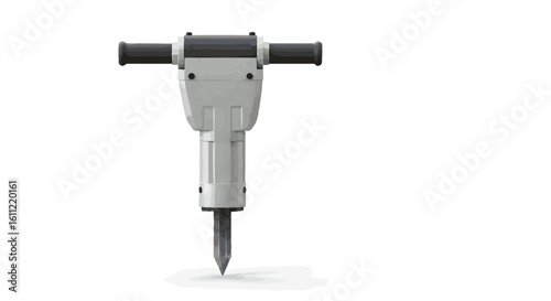 Gray pneumatic demolition tool, front view, isolated on white background.