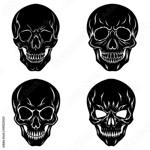 Four black and white skulls with varying designs arranged in a square pattern on a white background
