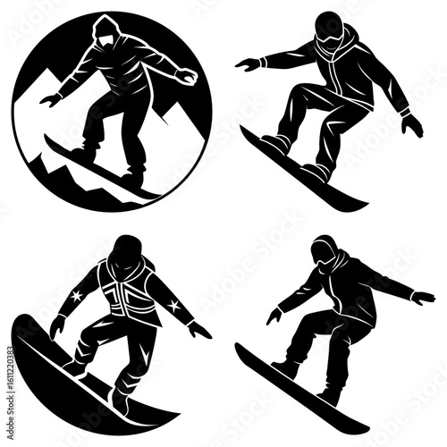 Four black and white vector illustrations of snowboarders in action with mountain background and different styles
