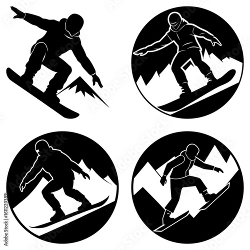 Four black and white snowboarder silhouettes in action on snowy mountains in round frames illustration