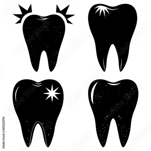Four teeth illustrations in black and white showing different dental conditions and oral hygiene signs
