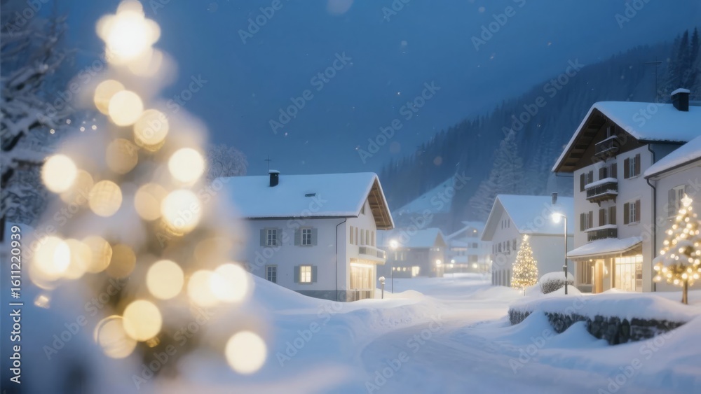 Fototapeta premium Snowy Village at Night with Illuminated Christmas Tree