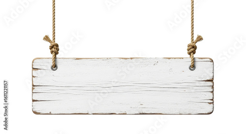 Rustic white wooden plank sign hanging from ropes isolated PNG with Transparent Background