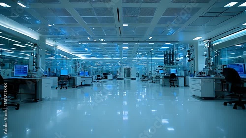 Cleanroom environment in modern laboratory with futuristic technology for production