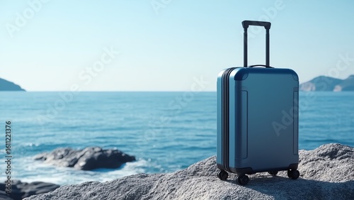 A modern hard-shell suitcase with a metallic blue finish stands upright on a rocky shore
