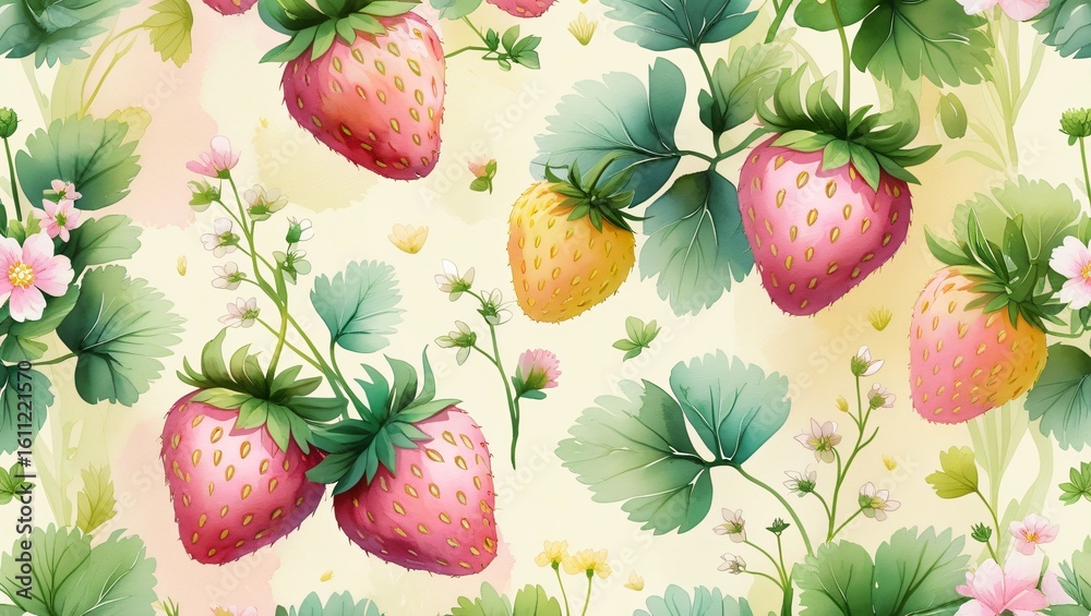 Obraz premium Seamless pattern of wild strawberries, flowers, and leaves in a soft watercolor style on pale cream background