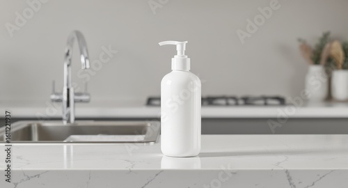 Minimalist White Soap Dispenser on Marble Countertop with Modern Kitchen Sink and Faucet