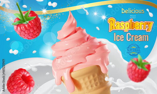Raspberry and milk soft serve ads, refreshing fruit berry ice cream ads template with milk splash and fruits isolated on blue background in 3d illustration