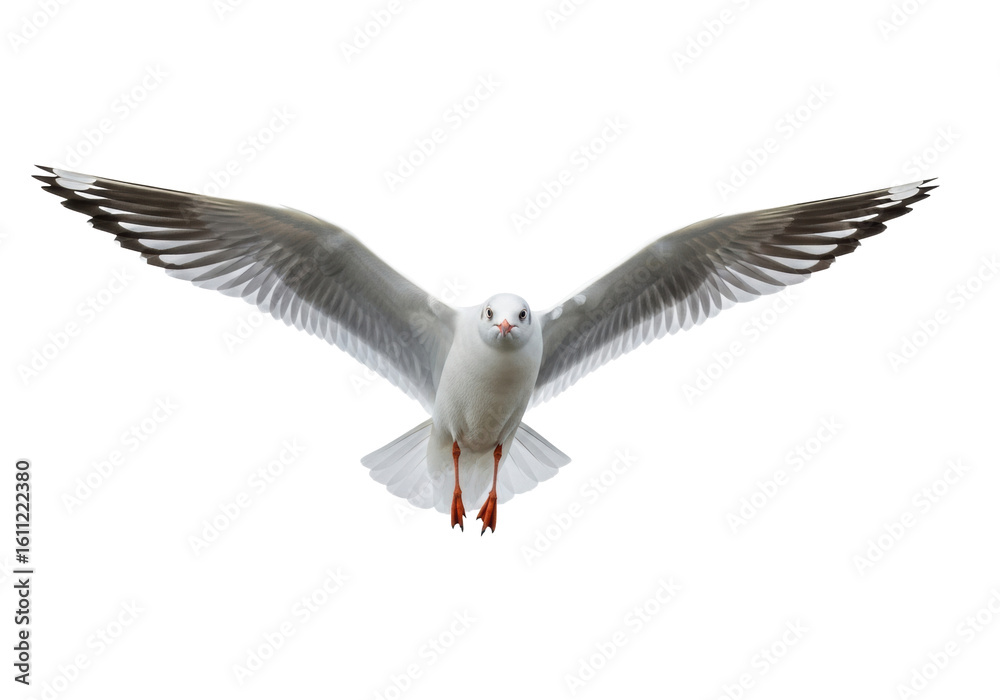 Obraz premium White seagull, white plumage, black-tipped wings, red beak, orange feet, mid-flight, wings extended, high-angle against transparent background, copy space, studio light, concept of freedom and natural