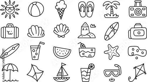 Hand drawn summer vacation icons and symbols collection.