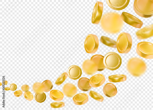 Gold 3d coins flying, currency golden wave, cash rain, money falling on transparent background. Success, income element