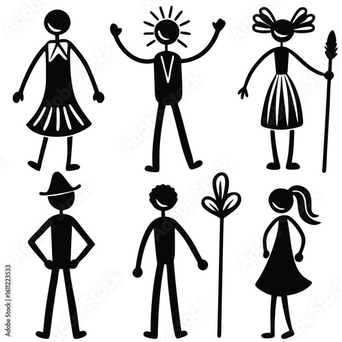 Comprehensive Set of Stick Figure Drawings Depicting Human Activities and Interactions