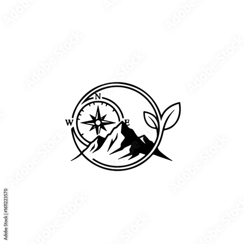 Mountain compass leaf. Outdoor adventure travel logo.