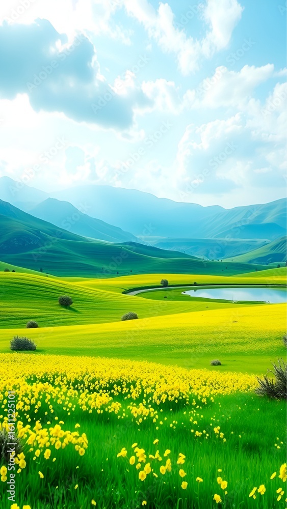 Fototapeta premium 3D Wallpaper of Nature with Grasslands, Flowers, and Water View 