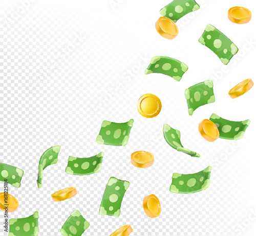Dollar money rain. Green dollar and gold coins falling on white background. Casino win, cash flying, bank currency explosion