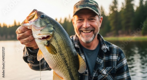 Happy man holding a large bass fish caught while fishing on a lake