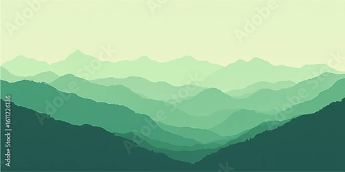Morning sunlight silhouettes misty mountain peaks and a serene valley under a blue sky with clouds