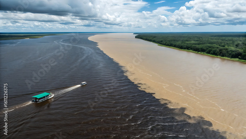 Aerial photograph showcasing the Meeting of Waters, a natural phenomenon where the dark waters of the Rio Negro and the sandy-colored waters of the Amazon River converge.