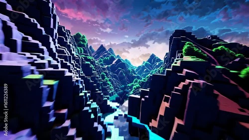 Exploring a vibrant digital landscape filled with colorful geometric formations and flowing rivers of light