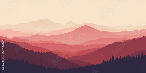 Morning sunrise over misty mountain landscape with hills and forest view
