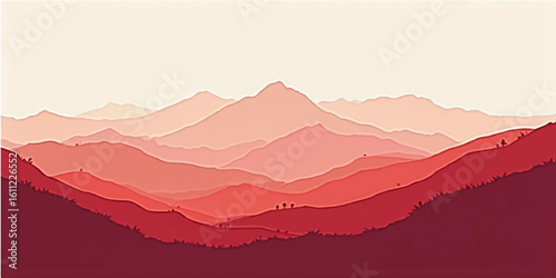 Vector illustration of misty mountain landscape with hills and sunrise view