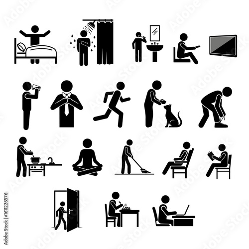 Minimalist black stick figure icons of daily morning routine activities including waking up, showering, brushing teeth, dressing, feeding pets, cooking, meditating, eating, and working.
