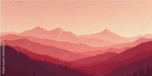 Mountain range landscape with morning fog and sunlit peaks at sunrise