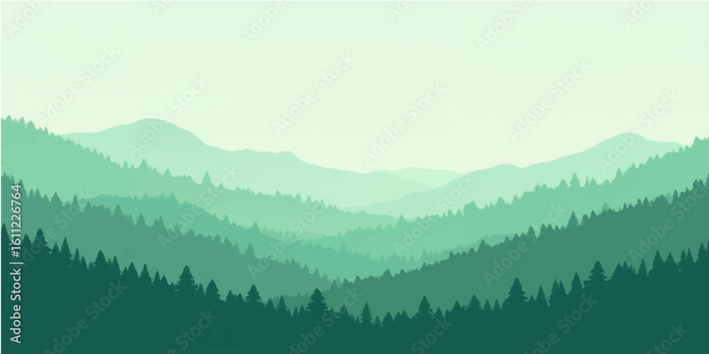 Fototapeta premium Mountain landscape with morning mist and sunrise over forested hills