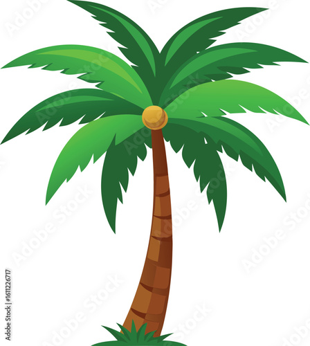 Vibrant green palm tree with a single coconut