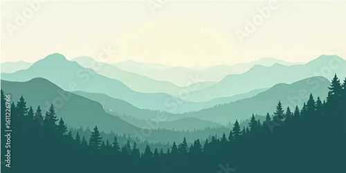 Mountain landscape with misty hills trees and morning sunlight