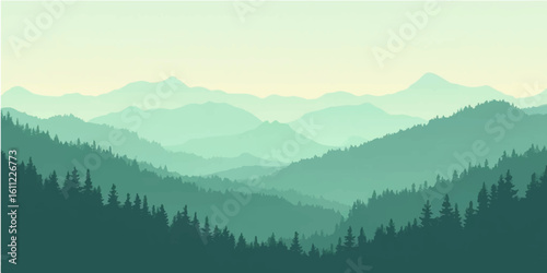 Mountain landscape with fog and clouds in the morning light