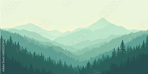 Snow-covered mountain peaks emerge from a misty forest landscape at sunset