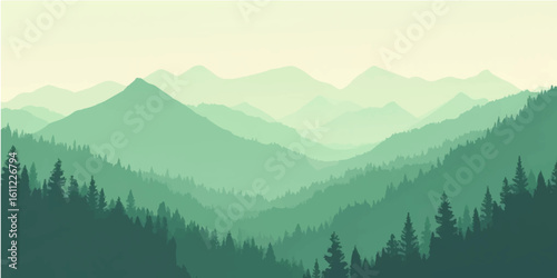 Fog and clouds drift over a serene mountain landscape at sunrise, with snow-capped peaks and a deep valley visible through the mist