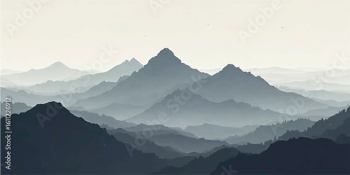 Morning foggy mountain landscape with misty hills and scenic valley view