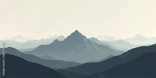 Misty mountain landscape at sunrise with foggy hills and glowing sky