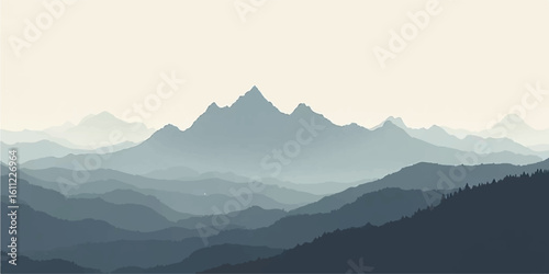 Misty mountain peaks emerge from a sea of clouds as the morning sun rises above the horizon, casting a serene blue glow over the alpine landscape
