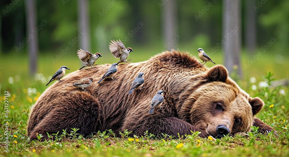 Fototapeta premium Birds cleaning a bear’s fur while it sleeps 