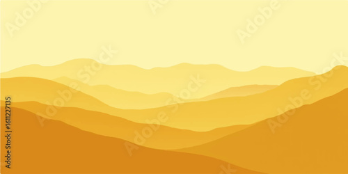An awe-inspiring mountain landscape with a fiery orange sunrise, fog, and clouds creating a misty horizon