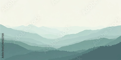 Misty mountain landscape with foggy hills and forest view