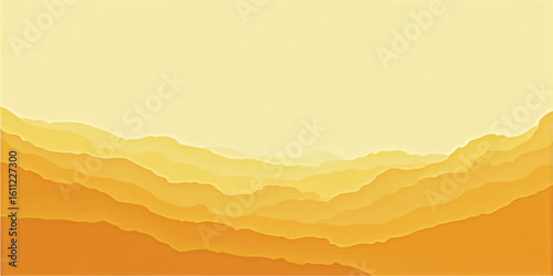 Old paper texture and clouds frame a stunning mountain landscape at sunrise, veiled in a misty orange light