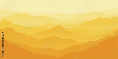 Morning light pierces through the mist, illuminating a serene mountain landscape under a sky of soft orange clouds
