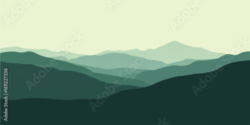Sunrise over a misty mountain landscape with a fiery orange sky and a silhouette of a forest
