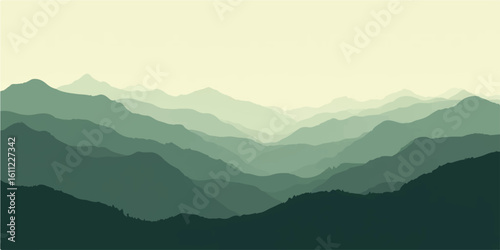 A serene morning mist blankets the mountain landscape, where the sun's first rays silhouette a peaceful valley