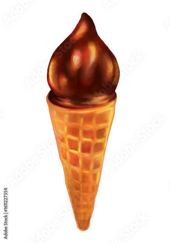 Hand-Drawn Ice Cream Cone with Chocolate Topping. Realistic digital illustration of chocolate soft serve ice cream in a waffle cone with rich texture and warm tones