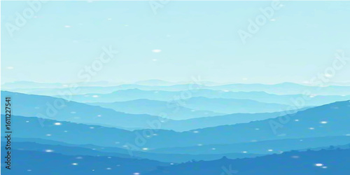 A beautiful mountain landscape at sunrise, with clouds and fog filling the valley below