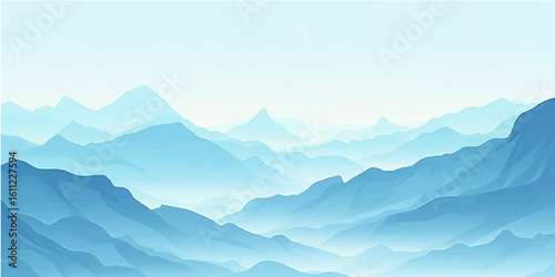 Misty mountain peaks silhouette against a dramatic sunrise sky, with a serene valley landscape shrouded in morning fog and clouds