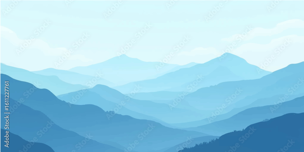 Obraz premium Morning mountain landscape with clouds and misty peaks surrounded by hills and valleys