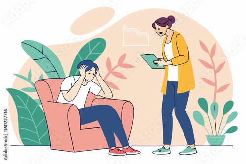Sesja psychoterapii. Psycholog wspiera pacjenta zmagającego się z depresją. Koncepcyjna ilustracja wektorowa o zdrowiu psychicznym i pomocy.